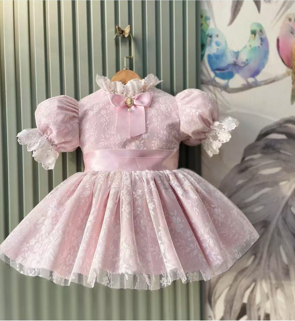 Baby Clothing Dresser - ชุดเดรสเด็กผู้หญิงอายุ 0-12 ปี สีชมพู ผ้าตาข่าย สไตล์วินเทจ